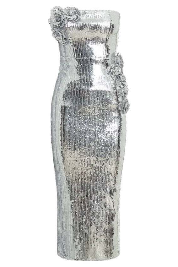 Cassia Strapless Sequin Rose Midi Dress – Silver Cassia Strapless Sequin Rose Midi Dress – Silver