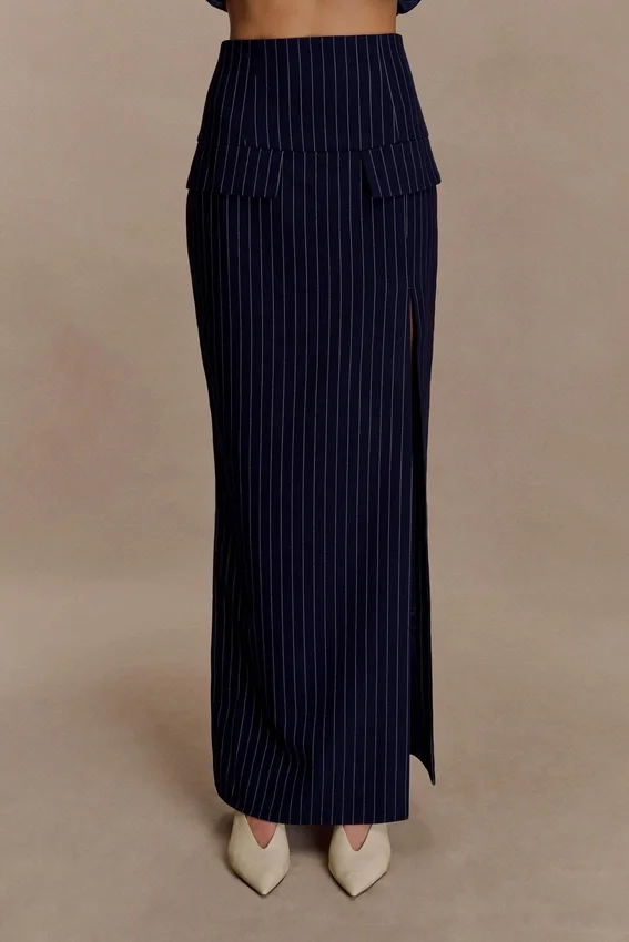 Cassie Column Maxi Skirt – Navy Pinstripe Cassie Column Maxi Skirt – Navy Pinstripe