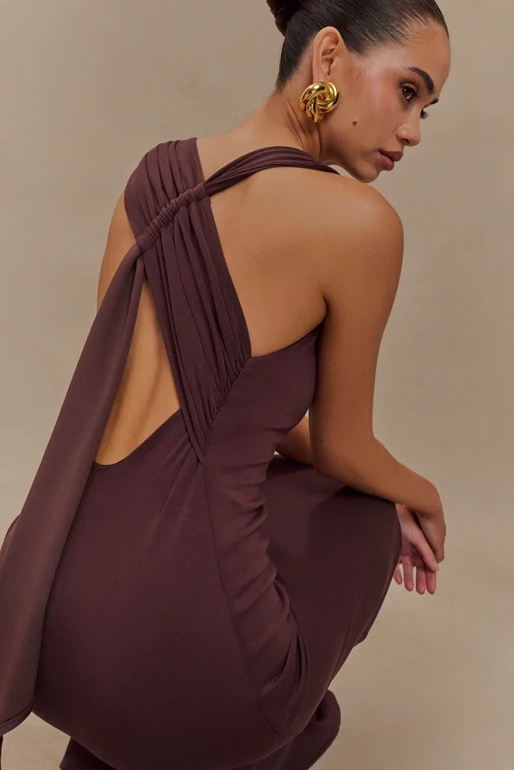Catelyn Asymmetrical Scuba Jersey Midi Dress – Cacao Brown Catelyn Asymmetrical Scuba Jersey Midi Dress – Cacao Brown