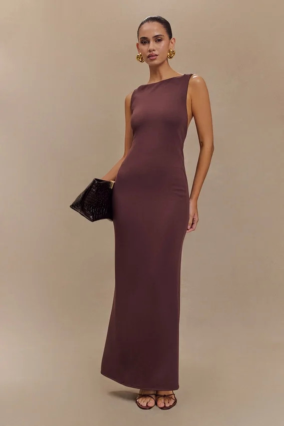 Catelyn Asymmetrical Scuba Jersey Midi Dress – Cacao Brown Catelyn Asymmetrical Scuba Jersey Midi Dress – Cacao Brown