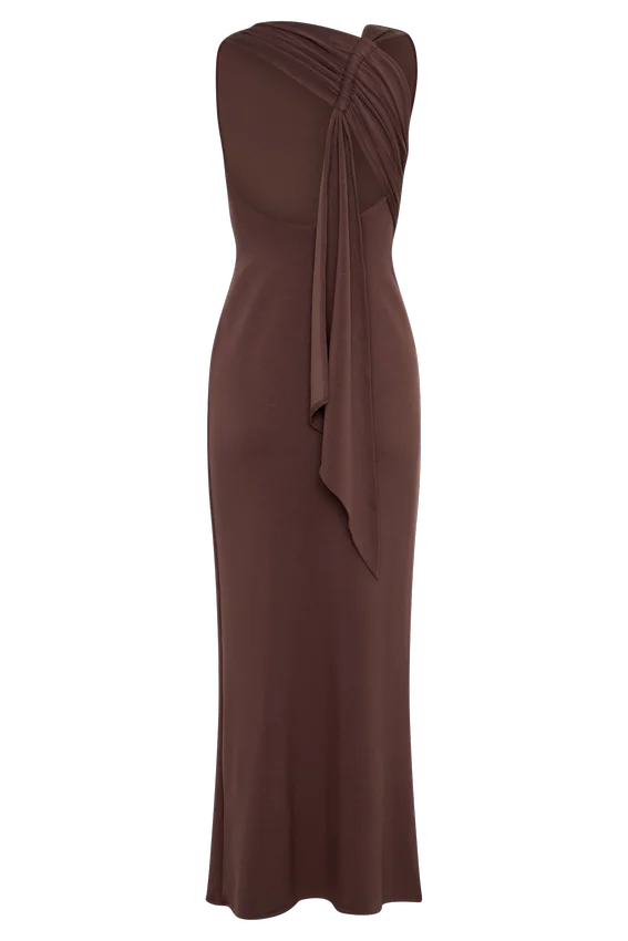 Catelyn Asymmetrical Scuba Jersey Midi Dress – Cacao Brown Catelyn Asymmetrical Scuba Jersey Midi Dress – Cacao Brown