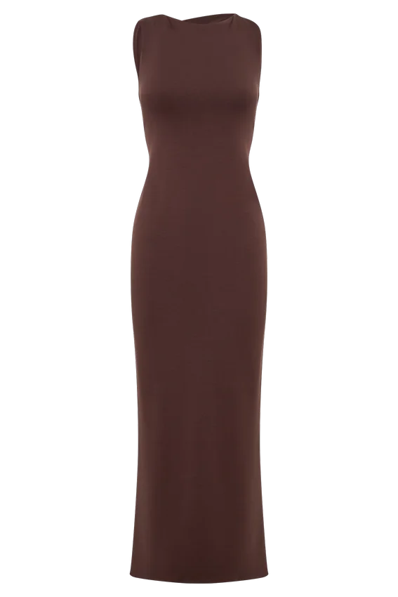 Catelyn Asymmetrical Scuba Jersey Midi Dress – Cacao Brown Catelyn Asymmetrical Scuba Jersey Midi Dress – Cacao Brown