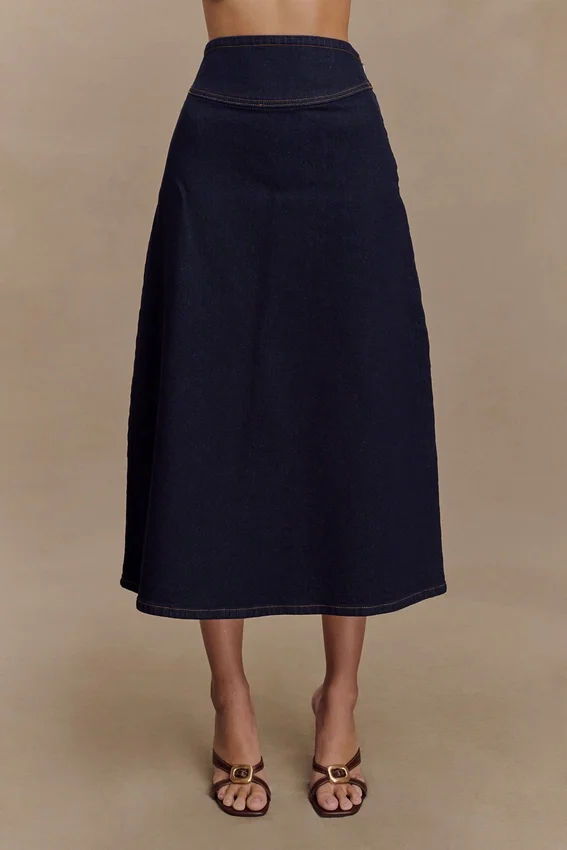 Cecilia Denim A-Line Midi Skirt – Indigo Blue Cecilia Denim A-Line Midi Skirt – Indigo Blue