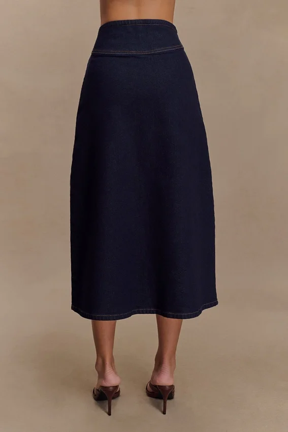Cecilia Denim A-Line Midi Skirt – Indigo Blue Cecilia Denim A-Line Midi Skirt – Indigo Blue