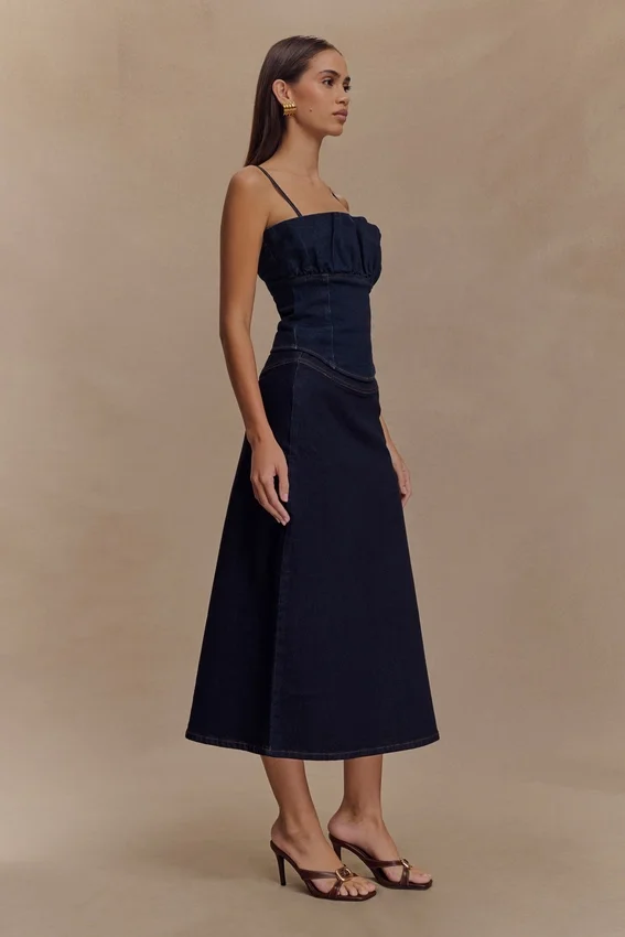 Cecilia Denim A-Line Midi Skirt – Indigo Blue Cecilia Denim A-Line Midi Skirt – Indigo Blue