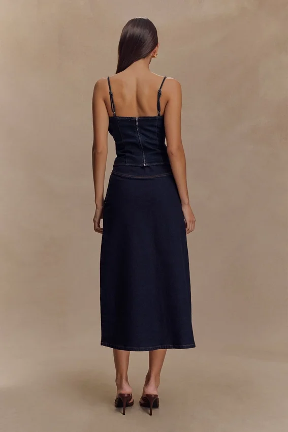 Cecilia Denim A-Line Midi Skirt – Indigo Blue Cecilia Denim A-Line Midi Skirt – Indigo Blue