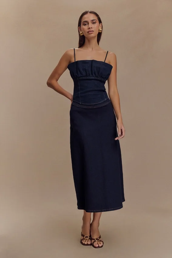 Cecilia Denim A-Line Midi Skirt – Indigo Blue Cecilia Denim A-Line Midi Skirt – Indigo Blue
