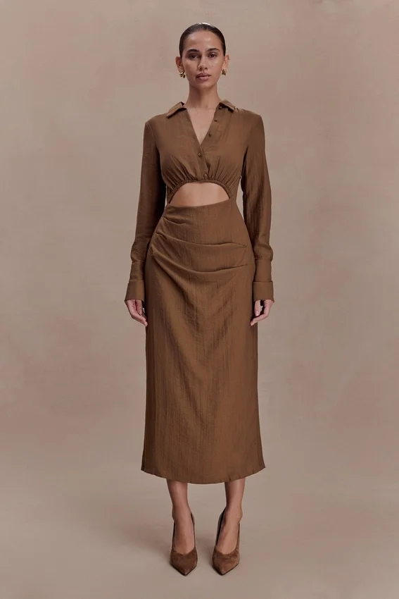 Cecilie Cut Out Shirt Midi Dress – Dark Chocolate Cecilie Cut Out Shirt Midi Dress – Dark Chocolate