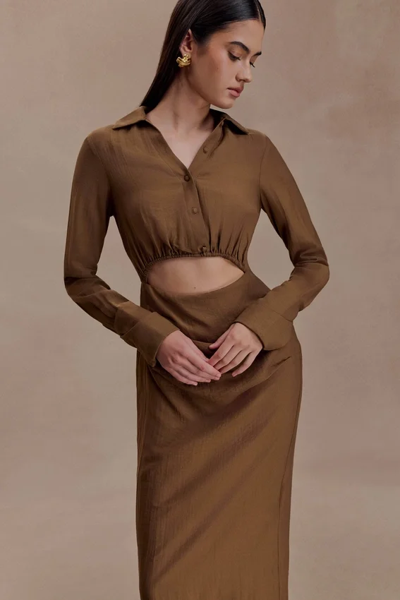Cecilie Cut Out Shirt Midi Dress – Dark Chocolate Cecilie Cut Out Shirt Midi Dress – Dark Chocolate