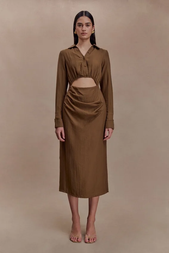 Cecilie Cut Out Shirt Midi Dress – Dark Chocolate Cecilie Cut Out Shirt Midi Dress – Dark Chocolate
