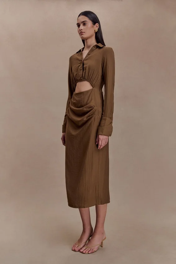 Cecilie Cut Out Shirt Midi Dress – Dark Chocolate Cecilie Cut Out Shirt Midi Dress – Dark Chocolate