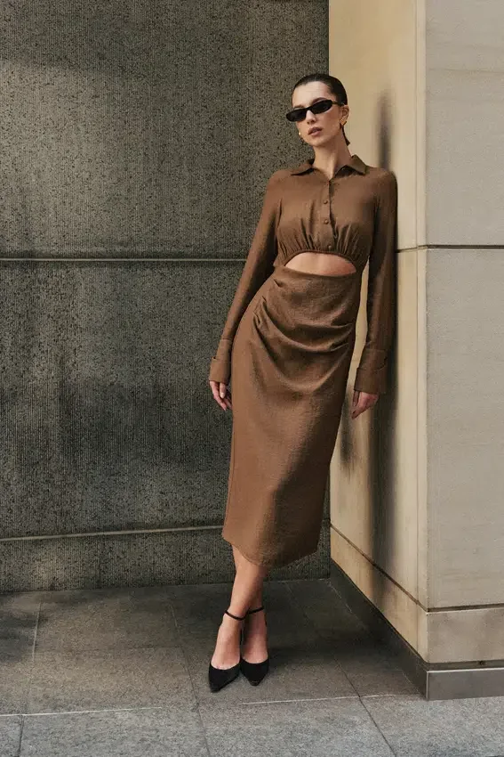 Cecilie Cut Out Shirt Midi Dress – Dark Chocolate Cecilie Cut Out Shirt Midi Dress – Dark Chocolate