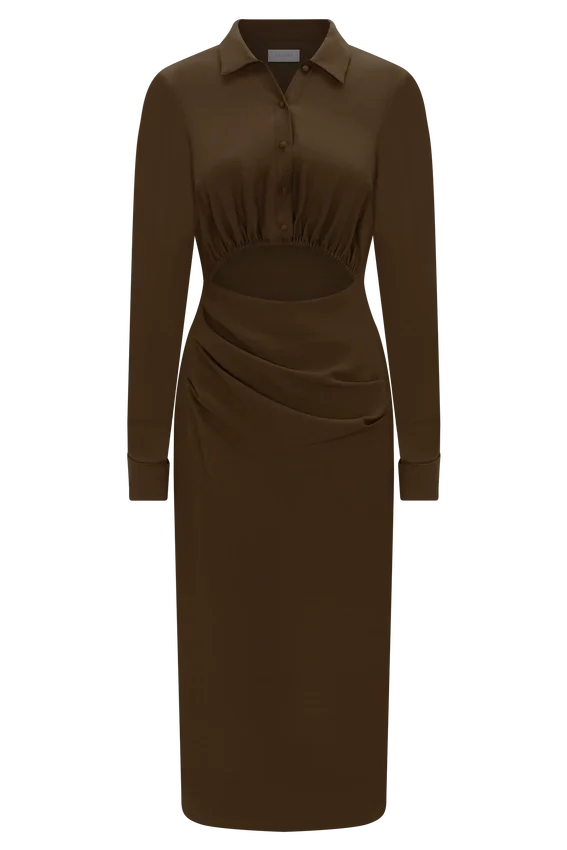 Cecilie Cut Out Shirt Midi Dress – Dark Chocolate Cecilie Cut Out Shirt Midi Dress – Dark Chocolate