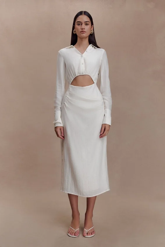 Cecilie Cut Out Shirt Midi Dress – White Cecilie Cut Out Shirt Midi Dress – White