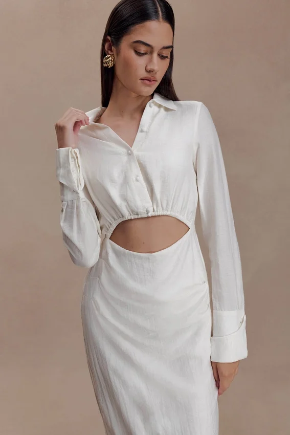 Cecilie Cut Out Shirt Midi Dress – White Cecilie Cut Out Shirt Midi Dress – White
