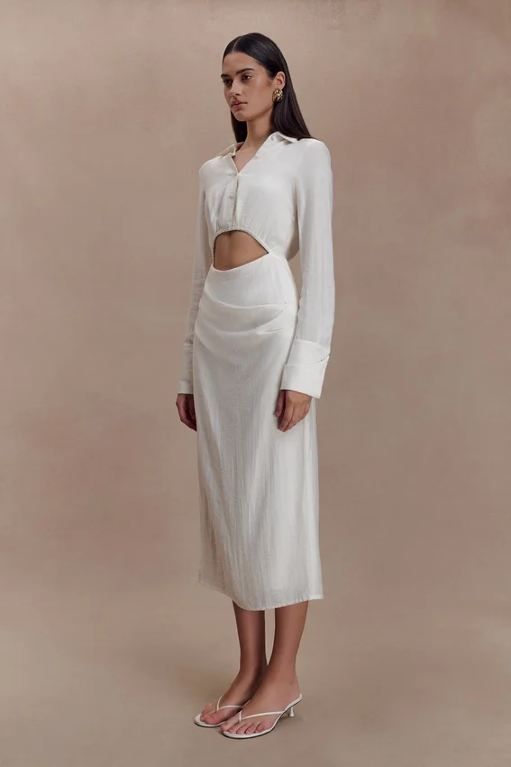 Cecilie Cut Out Shirt Midi Dress – White Cecilie Cut Out Shirt Midi Dress – White