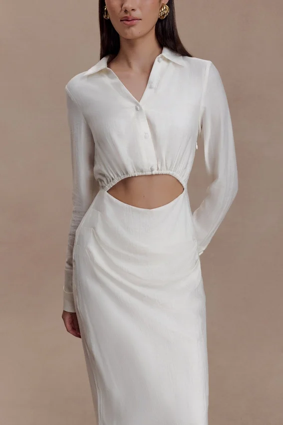 Cecilie Cut Out Shirt Midi Dress – White Cecilie Cut Out Shirt Midi Dress – White