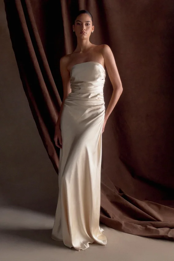 Cedar Strapless Satin Maxi Dress – Blush Gold Cedar Strapless Satin Maxi Dress – Blush Gold