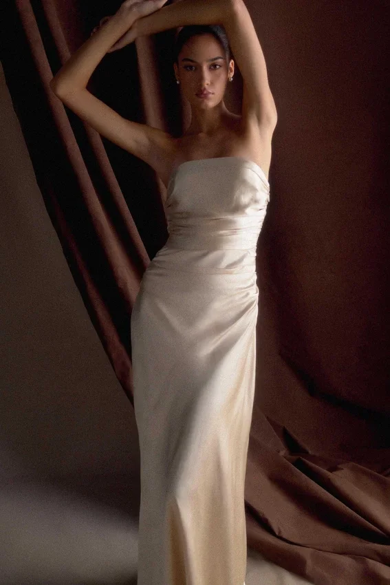 Cedar Strapless Satin Maxi Dress – Blush Gold Cedar Strapless Satin Maxi Dress – Blush Gold