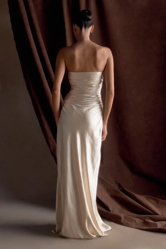 Cedar Strapless Satin Maxi Dress – Blush Gold Cedar Strapless Satin Maxi Dress – Blush Gold