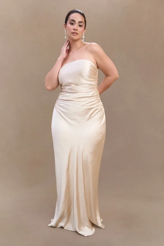 Cedar Strapless Satin Maxi Dress – Blush Gold Cedar Strapless Satin Maxi Dress – Blush Gold