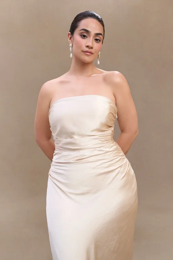 Cedar Strapless Satin Maxi Dress – Blush Gold Cedar Strapless Satin Maxi Dress – Blush Gold