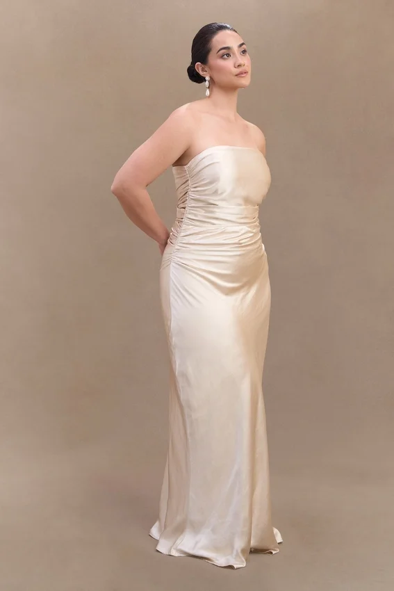 Cedar Strapless Satin Maxi Dress – Blush Gold Cedar Strapless Satin Maxi Dress – Blush Gold