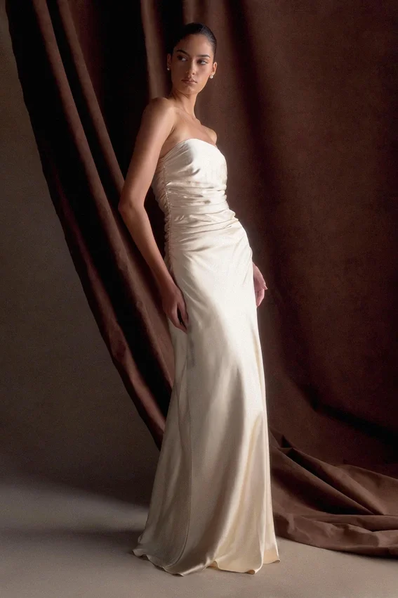 Cedar Strapless Satin Maxi Dress – Blush Gold Cedar Strapless Satin Maxi Dress – Blush Gold