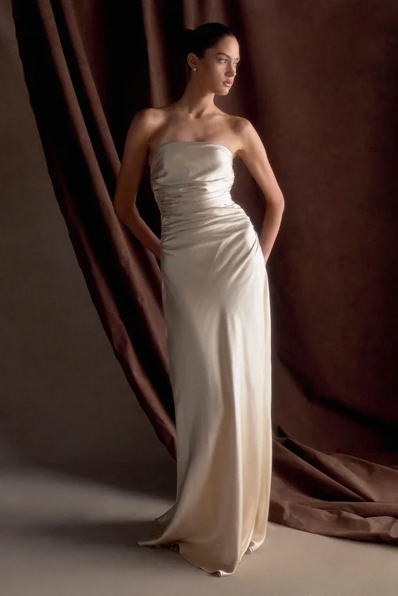 Cedar Strapless Satin Maxi Dress – Blush Gold Cedar Strapless Satin Maxi Dress – Blush Gold