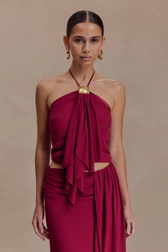 Celina Chiffon Halter Top With Hardware – Cherry Red Celina Chiffon Halter Top With Hardware – Cherry Red