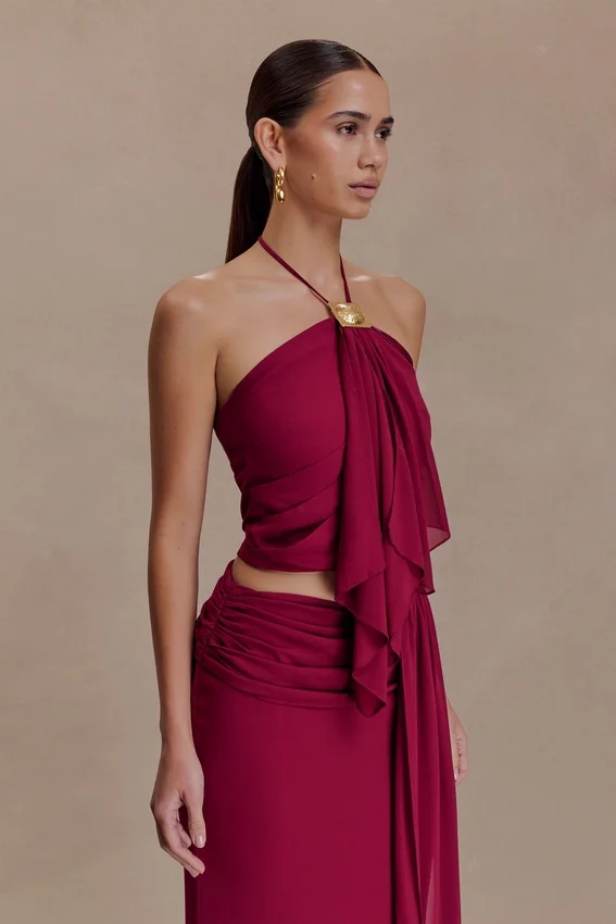 Celina Chiffon Halter Top With Hardware – Cherry Red Celina Chiffon Halter Top With Hardware – Cherry Red