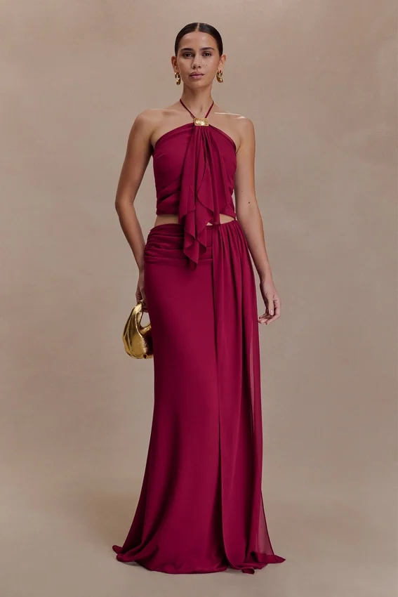 Celina Chiffon Halter Top With Hardware – Cherry Red Celina Chiffon Halter Top With Hardware – Cherry Red