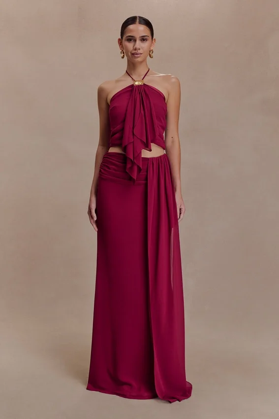 Celina Chiffon Halter Top With Hardware – Cherry Red Celina Chiffon Halter Top With Hardware – Cherry Red