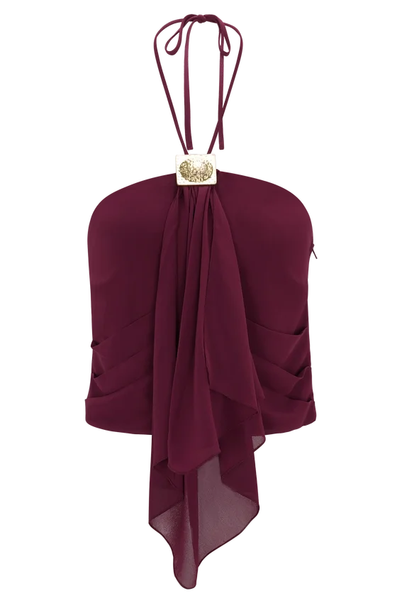 Celina Chiffon Halter Top With Hardware – Cherry Red Celina Chiffon Halter Top With Hardware – Cherry Red