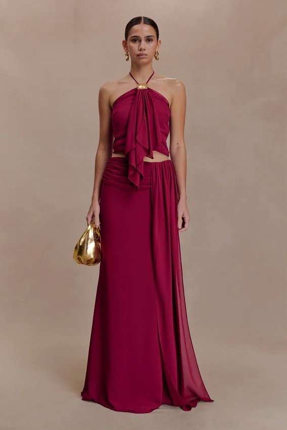 Celina Chiffon Overlay Maxi Skirt – Cherry Red Celina Chiffon Overlay Maxi Skirt – Cherry Red