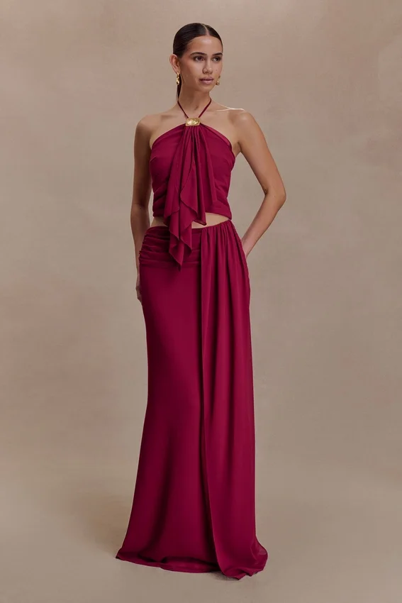Celina Chiffon Overlay Maxi Skirt – Cherry Red Celina Chiffon Overlay Maxi Skirt – Cherry Red