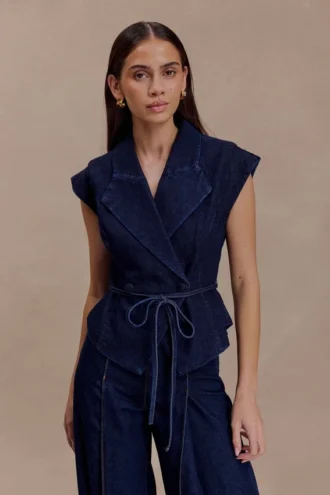 Charley Structured Tie Denim Top – Indigo Blue