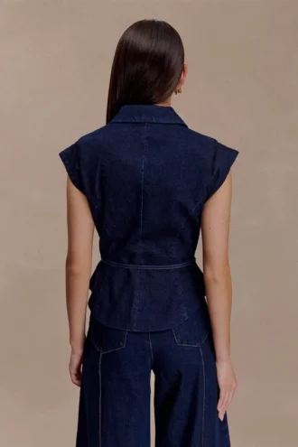 Charley Structured Tie Denim Top – Indigo Blue