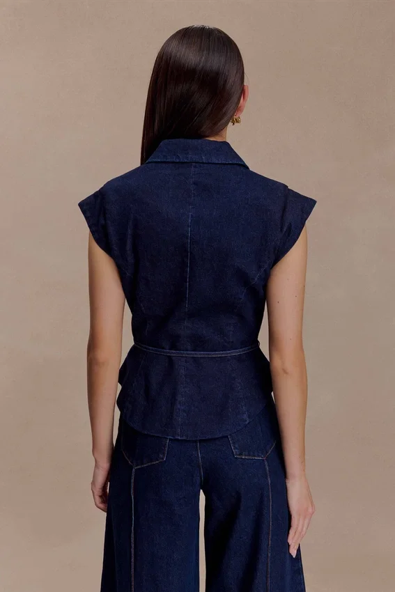 Charley Structured Tie Denim Top – Indigo Blue Charley Structured Tie Denim Top – Indigo Blue