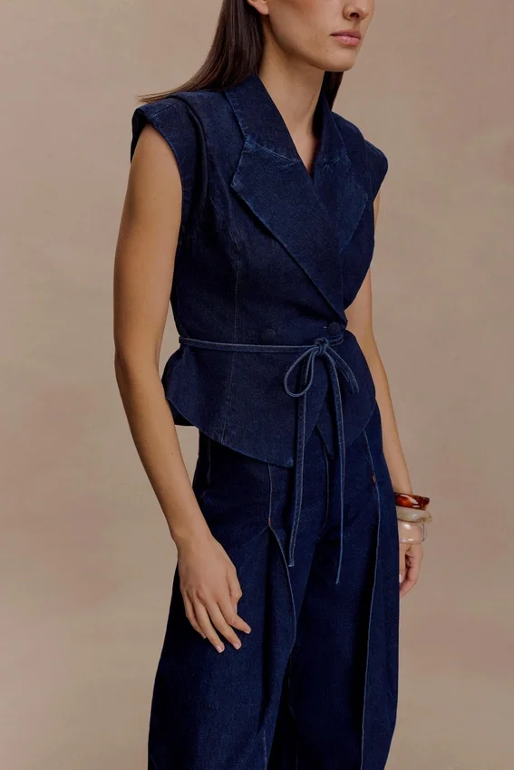 Charley Structured Tie Denim Top – Indigo Blue Charley Structured Tie Denim Top – Indigo Blue
