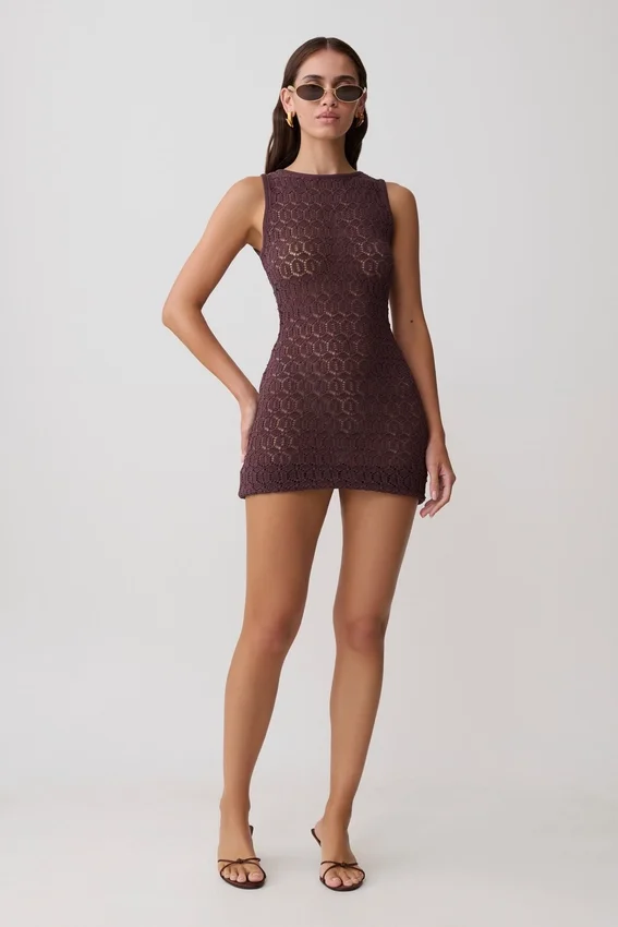 Cherly Knit Crochet Mini Dress – Chocolate Cherly Knit Crochet Mini Dress – Chocolate