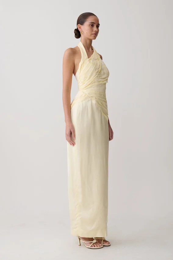 Chiara Halter Satin Maxi Dress – Buttermilk Chiara Halter Satin Maxi Dress – Buttermilk