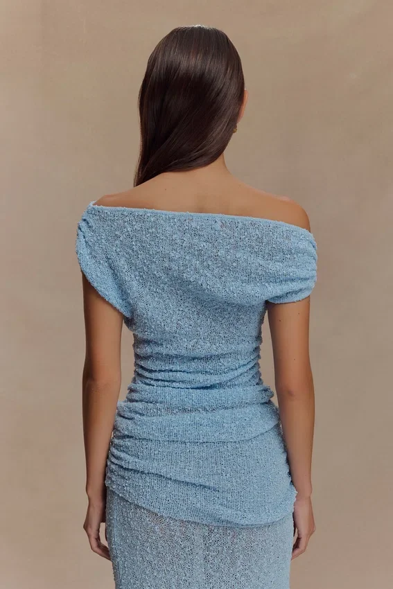Chloe Off Shoulder Boucle Knit Top – Light Blue Chloe Off Shoulder Boucle Knit Top – Light Blue