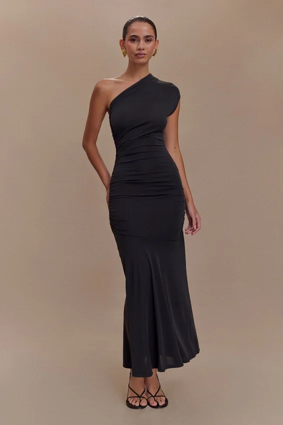 Chloe Peached Jersey One Shoulder Midi Dress – Black Chloe Peached Jersey One Shoulder Midi Dress – Black