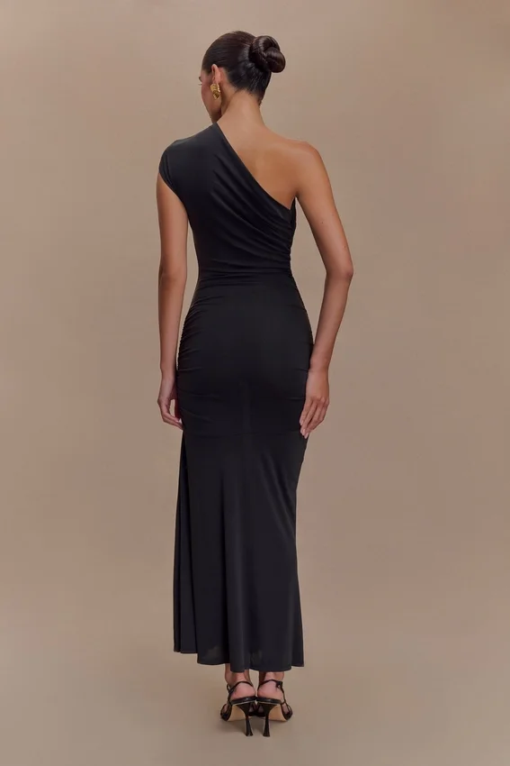 Chloe Peached Jersey One Shoulder Midi Dress – Black Chloe Peached Jersey One Shoulder Midi Dress – Black