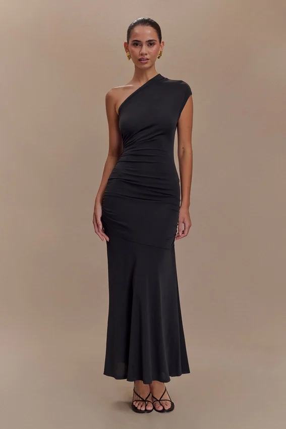 Chloe Peached Jersey One Shoulder Midi Dress – Black Chloe Peached Jersey One Shoulder Midi Dress – Black