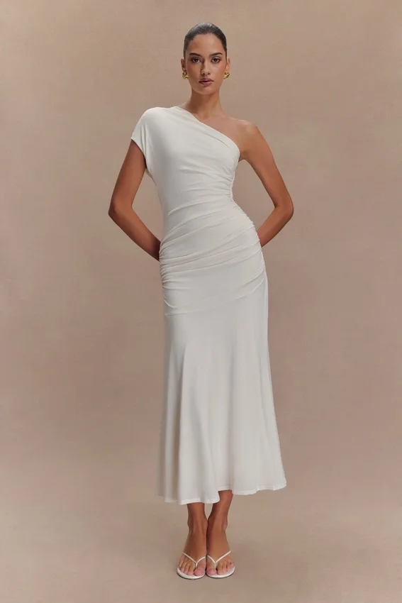 Chloe Peached Jersey One Shoulder Midi Dress – Ivory Chloe Peached Jersey One Shoulder Midi Dress – Ivory