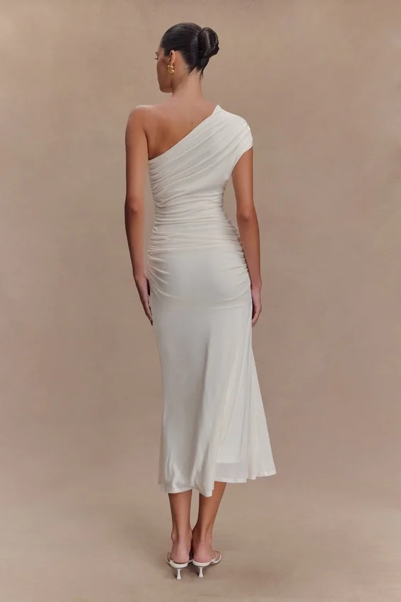 Chloe Peached Jersey One Shoulder Midi Dress – Ivory Chloe Peached Jersey One Shoulder Midi Dress – Ivory