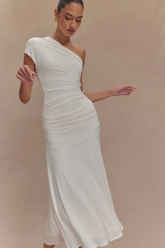Chloe Peached Jersey One Shoulder Midi Dress – Ivory Chloe Peached Jersey One Shoulder Midi Dress – Ivory