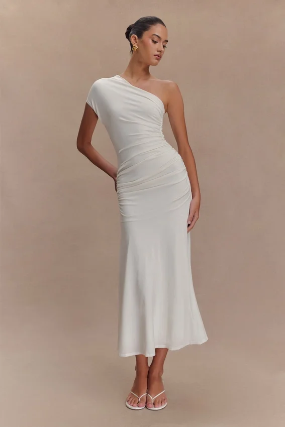 Chloe Peached Jersey One Shoulder Midi Dress – Ivory Chloe Peached Jersey One Shoulder Midi Dress – Ivory
